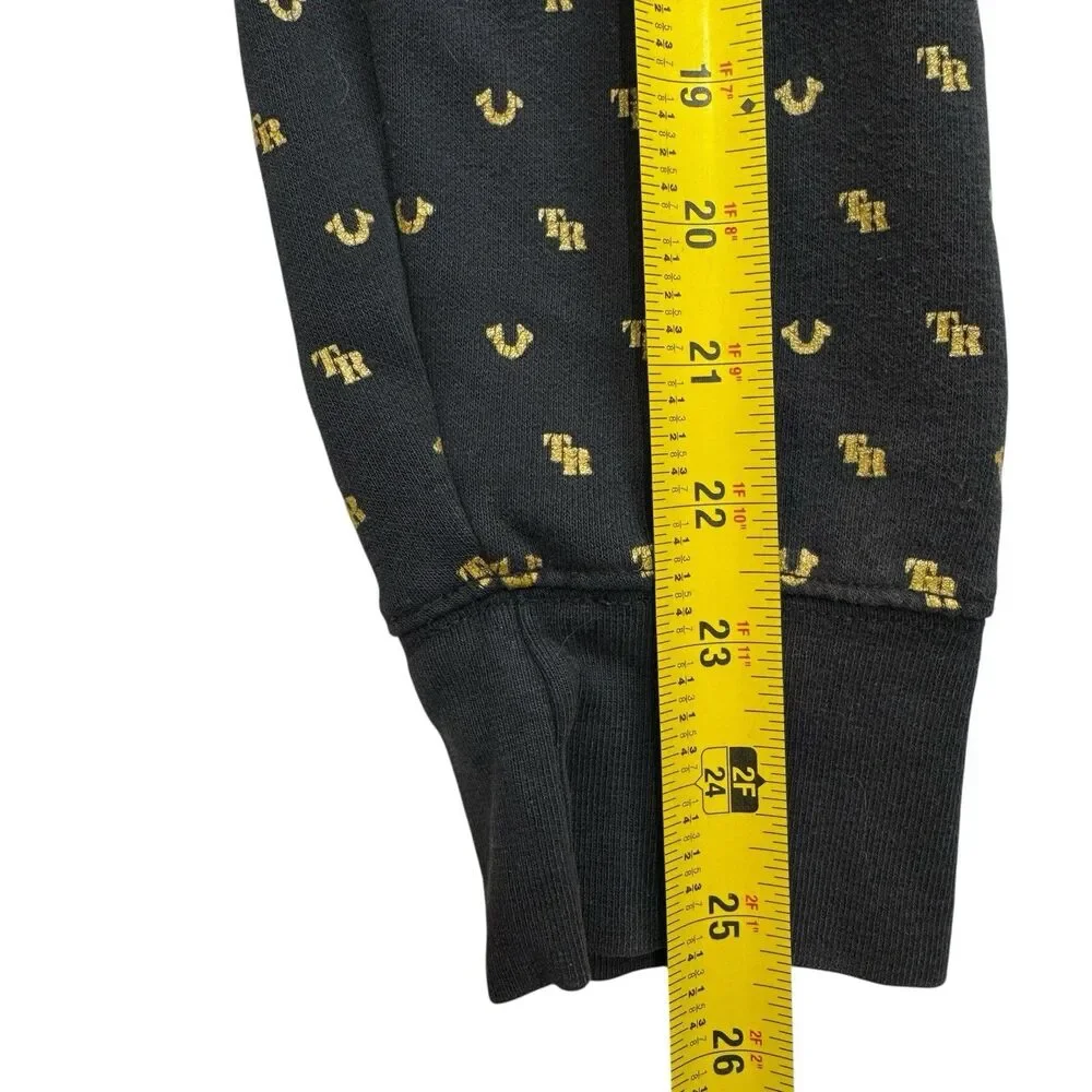 True Religion Monogram Pullover Hoodie Black Gold All Over Horseshoe Logo Mens L